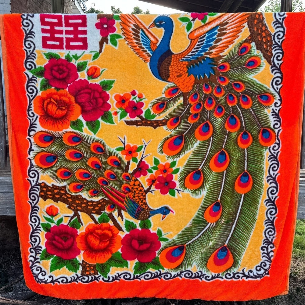 Vintage Korean Peacock Floral Mink Fleece Blanket 90X73 Orange Plush Heavy 90s
